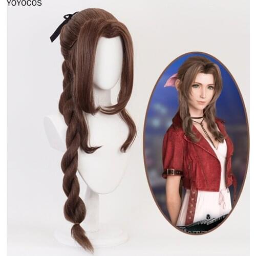 YOYOCOS Final Fantasy VII 7 Cosplay Aerith Gainsborough Cosplay Long Wig FF7 Aeris Brown Wavy Curly Bangs Wig Synthetic Hair