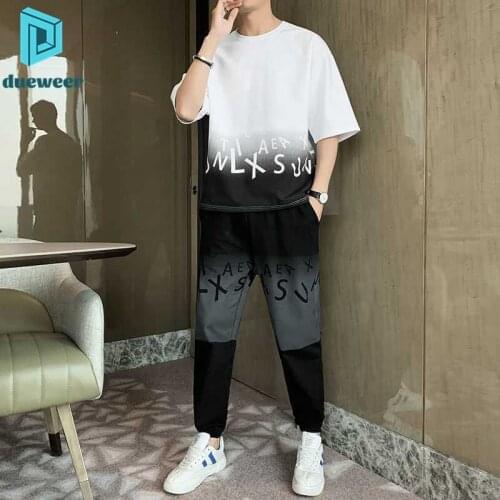 DUEWEER Men Casual Sports Suit Summer Short Sleeve Top Shorts Trousers Gradient Letter Set Student Plus Size Two-Piece Suit