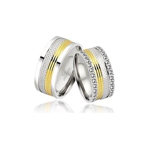 Yellow Striped Double Silver Wedding Band Ring