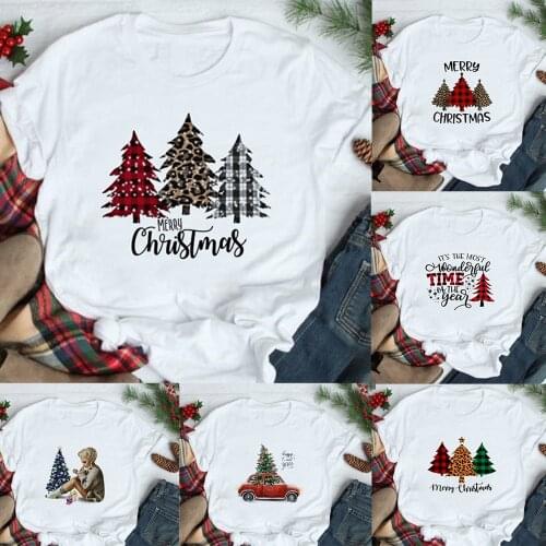 Merry Christmas Plaid Tree Printed T-Shirt Fashion Graphic Women Top Tshirt Female Kawaii Tee Ladies Xmas T-shirt Harajuku