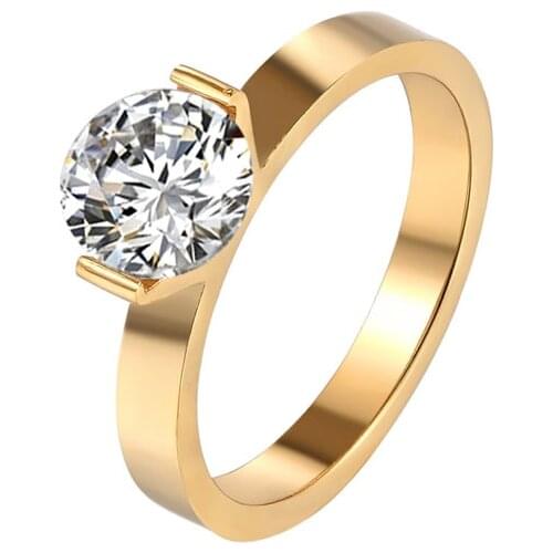 Hot 1 Carat Shiny Crystal Ring For Wedding Titanium Steel Top Quality Gold Color Jewelry Love Gift Woman Ring Wholesale