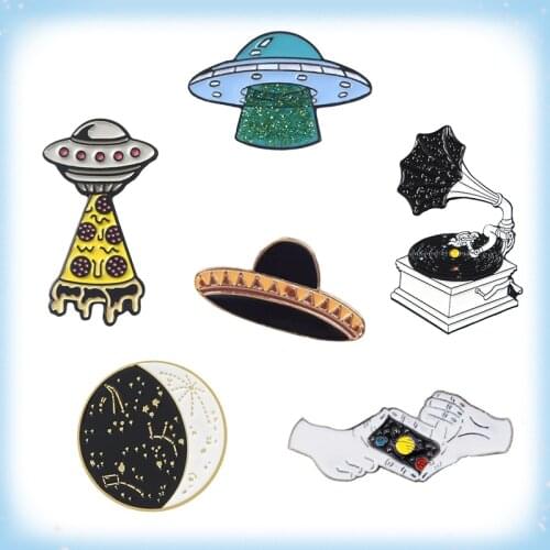 Universe Collection Enamel Pins Cartoon UFO Starry Moon Phonograph Galaxy Space Brooch Lapel Pin Metal Badge Gift for Kid Friend