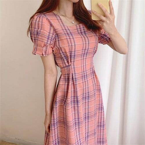 Korean Style Girl Square Collar Plaid Sweet Dress