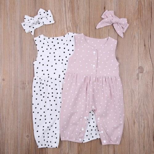 0-18M Newborn Baby Boy Girl Rompers Headband 2pcs Polka Dot Printed Sleeveless Jumpsuit Outfits Summer Clothes