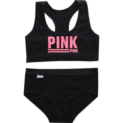 New Style Of Pure Cotton Girls Bra Set Small Vest Underwear Suspenders Sports Underwear PINK Letter Style 8-16Y