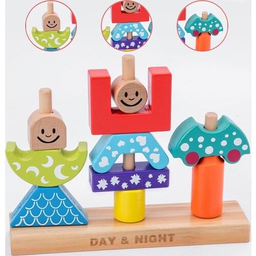 Educational Wooden Toy Sun & Moon Day & Night Pillar Blocks Early Learning Baby Kids Birthday Christmas Gift