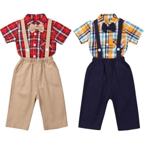 Boutique Boy Clothes 2PCS Newborn Baby Boy Clothes Short Sleeve Plaid Romper+Solid Bib Pants Outfit 0-24M