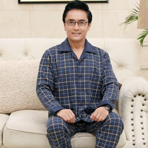 Autumn Winter Knitted Cotton Quilted Mens Pyjamas Plaid Pajamas Set Casual Male Sleepwear Pyjamas Night Pijamas M-4XL Homewear