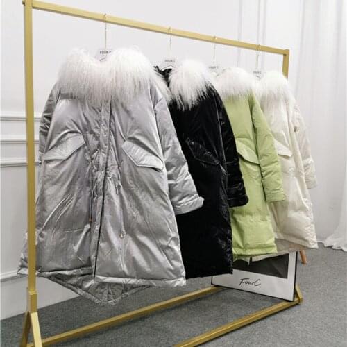 Down 2021 jacket new Korean long coat winter clothes women collect waist style parka real sheep fur collar plus size coats