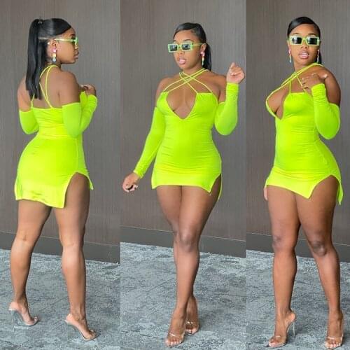 Sexy Halter Off Shoulder Bodycon Mini Dress Women Cross Strap Backless Split Short Dresses Clubwear Festival Party Dress Vestido