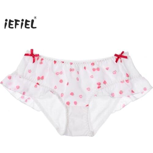 Cute Women Girls Low Waist Briefs Sexy Underwear Strawberry Print Bowknot Briefs Underpants Ruffle Mesh Adorned Briefs Underwear