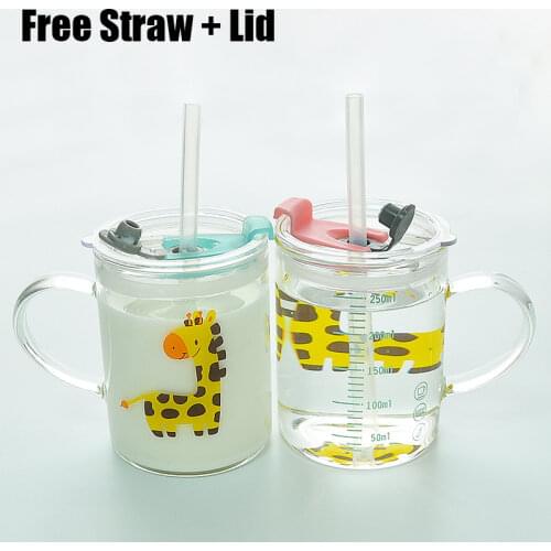 250ML Children Cartoon Cute Animal Pattern Glass Learn To Drink Cup with Straw Lid Heat Resistant Safety Coffee Milk Drink Mug