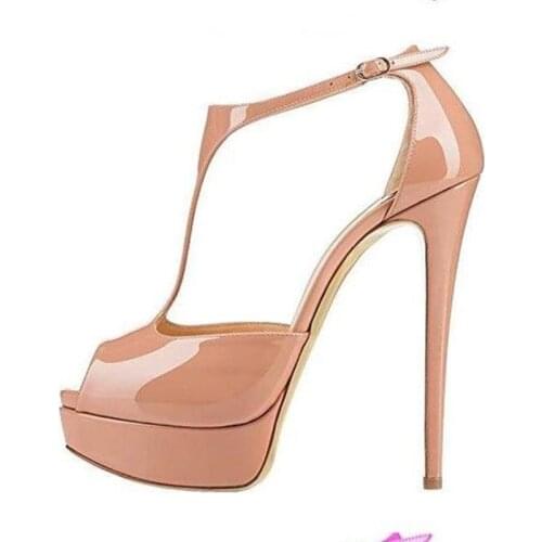 T Bar Platform Pumps Peep Toe Cut Out Super High Sandals Patent Leather Water Proof Runway Dress Party Shoes 2019 Summer Shoes