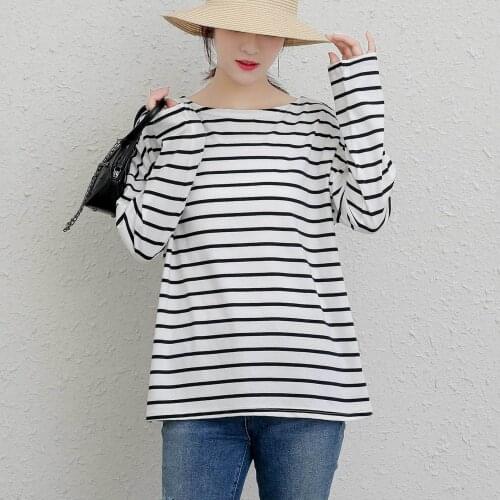 Johnature New Striped Casual T-Shirts Women 2021 Autumn Simple All Match Loose O-neck Full Sleeve Loose 3 Colors Tops