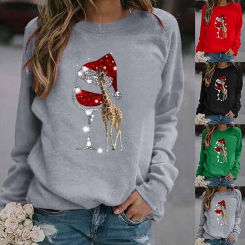 Women Autumn Winter Long Sleeve Wineglass Giraffe Print Blouse Xmas Sweatshirt