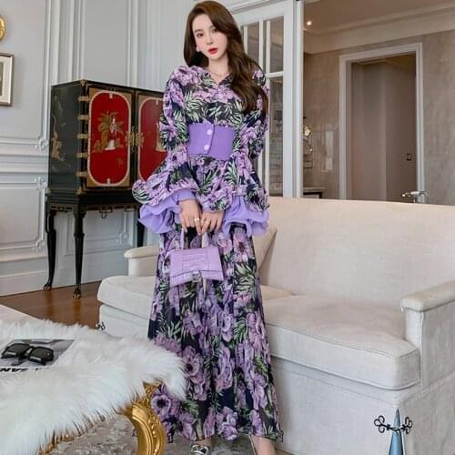 Fashion Korean Women Vintage Elegant Flare Sleeve Top Shirt Blouse Casual Sweet Floral Flare Pant Chic Party Female 2 Pieces Set