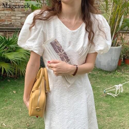 Retro White Puff Sleeve Dress Women Summer 2021 New Jacquard Elegant Dress High Waist V Neck Lace Up Long Dresses Vestido 15261