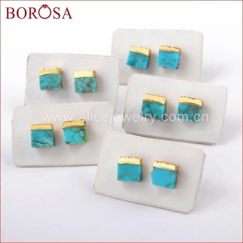 BOROSA 5/10Pairs Gold Color 7mm Square Natural Turquoises Stud Earrings, New Natural Blue Stone Earrings Druzy Jewelry G1647