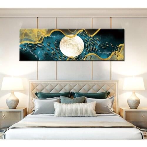 Abstract Moon Wall Art Canvas Painting Golden Mountain Birds Nordic Posters and Prints Wall Pictures for Living Room Home Decor