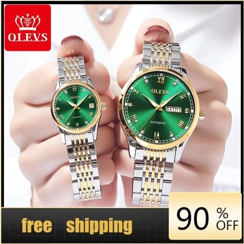 OLEVS Top brand Couple stainless steel watch Elegant Automatic wrist watch Business luxury mens Watch Waterproof Gold watch