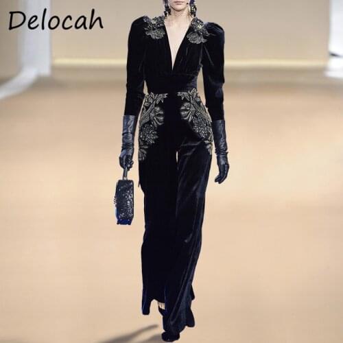Delocah Autumn Women Fashion Runway Bodysuit Long Sleeve Embroidery Printed Elegant Bodycon Ladies Velvet Jumpsuit Long Romper