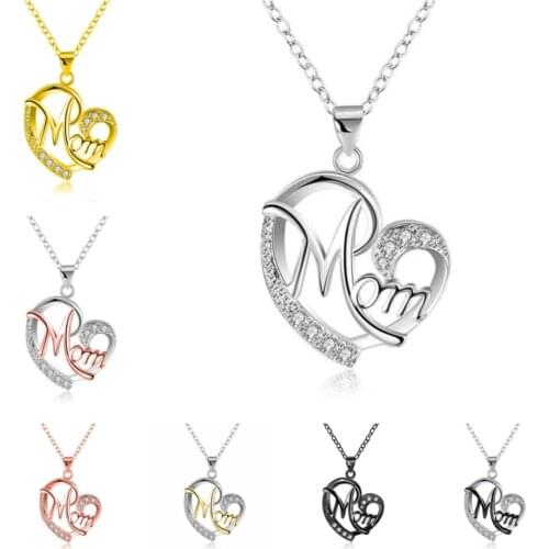 Eif Dock High Quality Letter MOM Heart Shape Cubic Zirconia Pendant Necklace Mothers Day Gift Best Friendship Jewelry