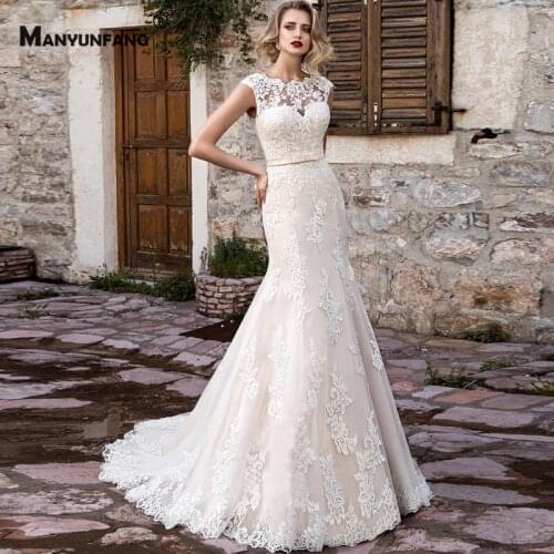 Luxury Cap Sleeve Court Train Embroidery Appliques Tulle Mermaid Wedding Dress Custom Made Lace Up Back O-Neck Bridal Gown