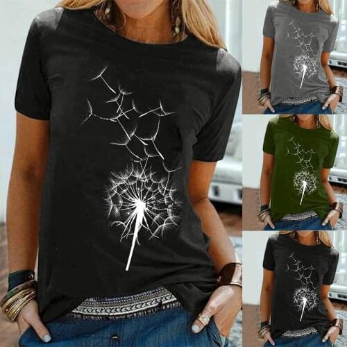 Tshirt Women Plus Size Chic Casual Dandelion Print T-shirt Short Sleeve Loose Tee Breathable Summer Lady Tops Tunic Blouse S-2XL