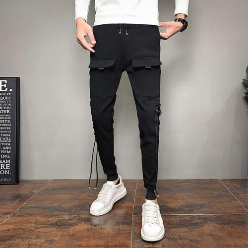 Personality Side Drawstrings Decor Harem Pants Men Clothing 2020 Fashion Simple Korean Slim Fit Casual Joggers Trousers Black 36