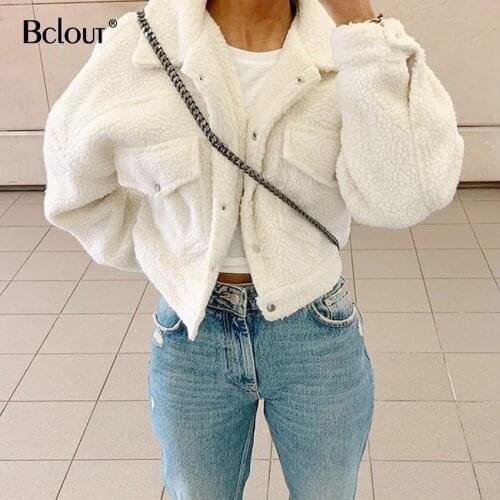Bclout Casual Crop Top Warm Coat Women Fashion White Cardigan Shirt Sexy Polyester Jacket Streetwear Ladies Tops Blue Coats