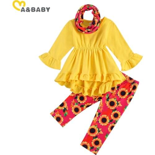 Ma&Baby 1-6Y Autumn Spring Toddler Kid Girls Clothes Set Ruffles Tunic Tops Flower Pants Children Clothing Sunflower Outfits