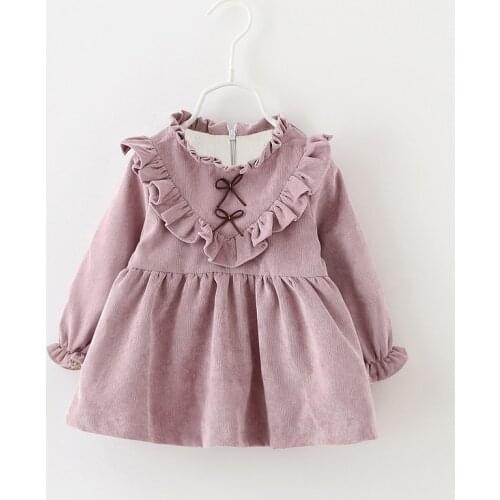 Cute Kids Toddler Baby Girl Bow Long Sleeve Solid Color Dress Winter Warm Corduroy Ruffled Party Dress for Little Princess Girls