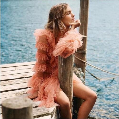 Sweet Pink/White Polka Dot Mesh Mini Dress Women 2020 Summer Runway Designer Flare Sleeve Ruffles Dress Female