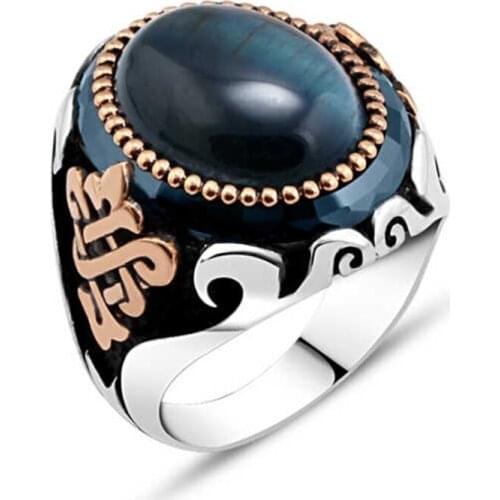 Blue Tiger Eye Pvc Capsules Sterling Silver Men 'S Ring
