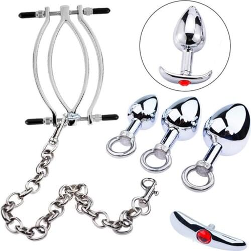 Metal Kit Set Anal Plug Vagina Spreader Clamp Pussy With Chain Bdsm Bondage Voyeur Accessory Adult Sex Toys For Couple Game Tool