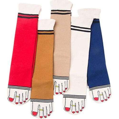 5 Pairs Women Socks Original Funny Women Sock Four Seasons Fit Lotus Leaf Top Red Nail Polish Toes with Ring Fashion Novel Sock