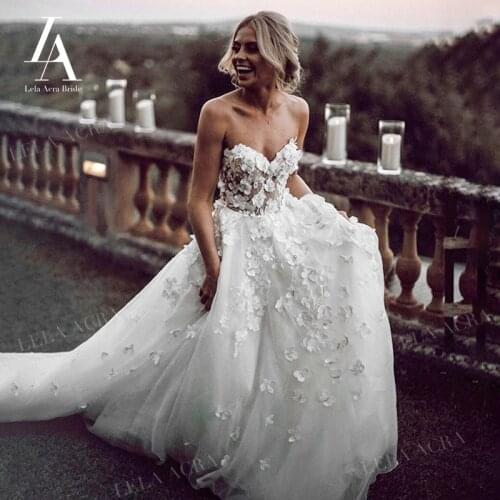 LelaAcra Boho 3D Flowers Wedding Dress 2021 Beach Sleeveless Lace Bridal Gown A-Line Princess LM00 Plus Size Vestido De Novia
