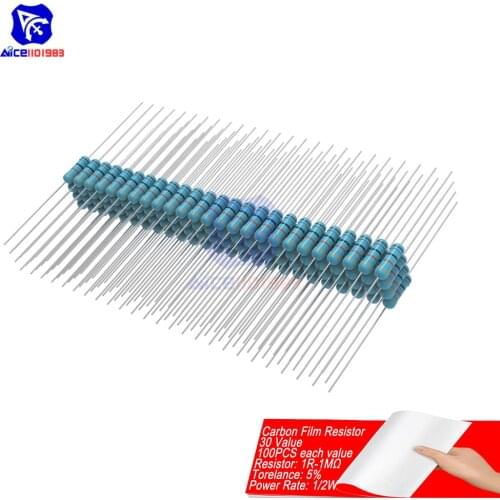 100PCS Carbon Film Resistor 5% 1/2W 0.5W 1R-1MΩ 1R 10R 100R 220R 1K 2.2K 4.7K 10K 22K 47K 100K 470K 1MΩ Ohm Resistance
