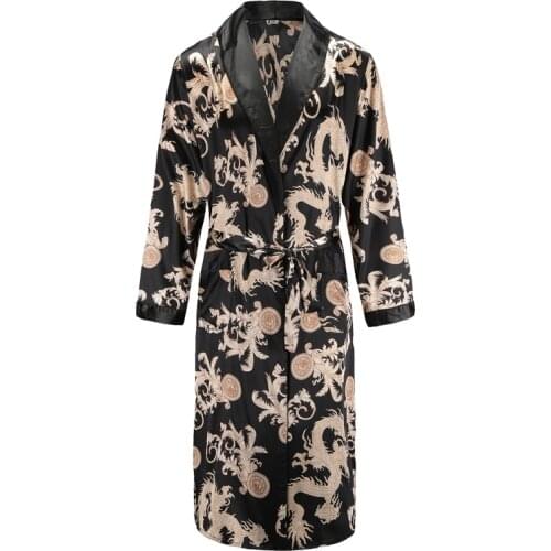 Dragon Print Men Robe Long Sleeve Kimono Gown Satin Silky Sleepwear Male Bathrobe Gown Casual Nightwear Loose Home Wear
