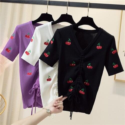 Cherry embroidery v-neck short-sleeved sweater bottoming shirt womens t-shirt loose thin solid color pullover spring summer