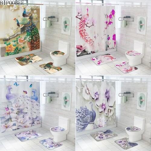 Colorful Peacock Bathroom Curtains Butterfly Flower Pattern Shower Curtain Set Bath Mats Rugs Anti-slip Carpet Toilet Seat Cover