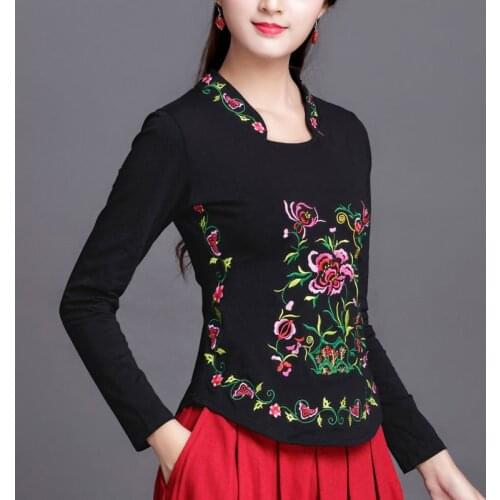 Plus size T Shirt Women Cotton Basic Tshirt Long sleeve Vintage Ethnic Embroidery High quality Ladies Tops Casual 4XL 5XL 6XL