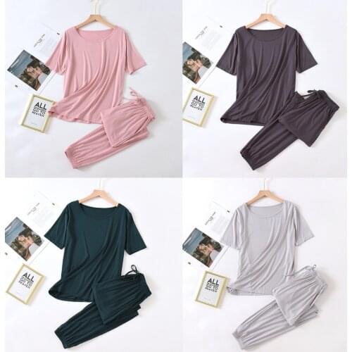 2021 Spring and Summer Female Modal Pajamas Two-piece Short-sleeved Trousers Color Large-size Breathable Casual Home Service Set