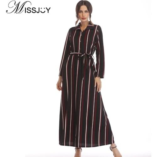 MISSJOY 2019 Autumn Women Long Sleeve Striped Printed Casual Party Elegant Turkish Fashion Ramadan Arab morocco Long Maxi dres
