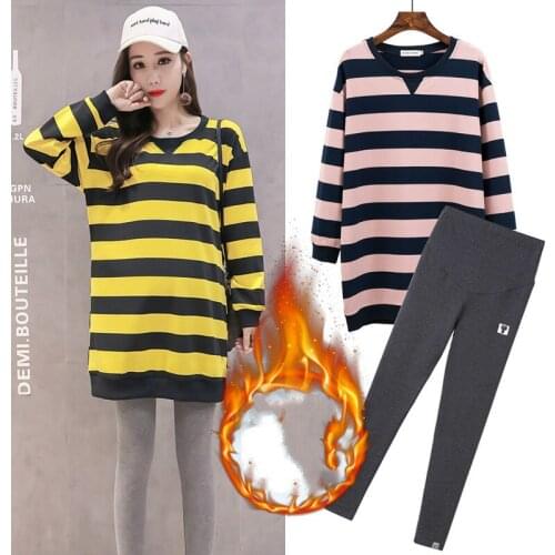 Maternity Women Autumn Hoodless Long Sleeve T-shirt 2 PCS Set(Tee Top+ Belly Care Pant) New Moms Loose Fit Fashion Striped Suits