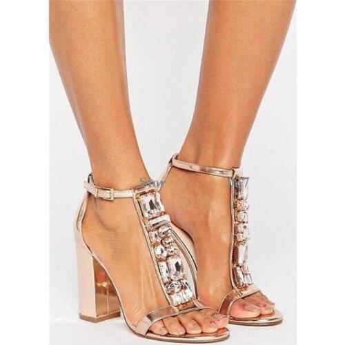 Women Champagne Gold Chunky Heel Beaded Sandals Luxurious Pearl Dress Shoes Shining Crystal T-bar Strap Thick Heel Pumps