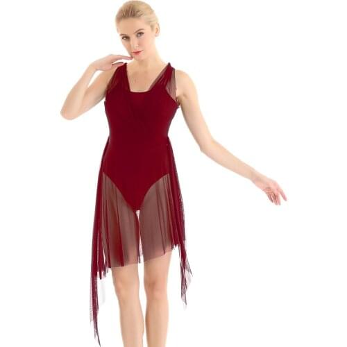 Women Ballet Dance Figure Skating Dress Ballroom Lyrical Dance Costume Sleeveless Wrapped Asymmetrical Mesh Gymnastics Leotards