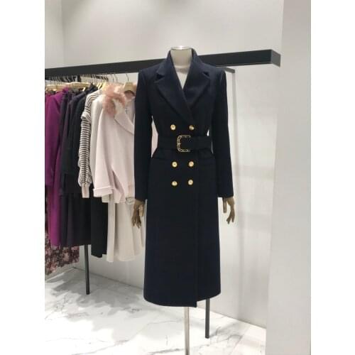 2021 high end winter fashion belt waist temperament double row gold button decoration long cashmere coat women