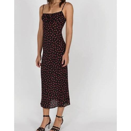 Rose Print Women Sling Midi Dress 2021 New Summer Silk Slim Sexy Ladies Drawstring Sleeveless Square Collar Spaghetti Strap Robe