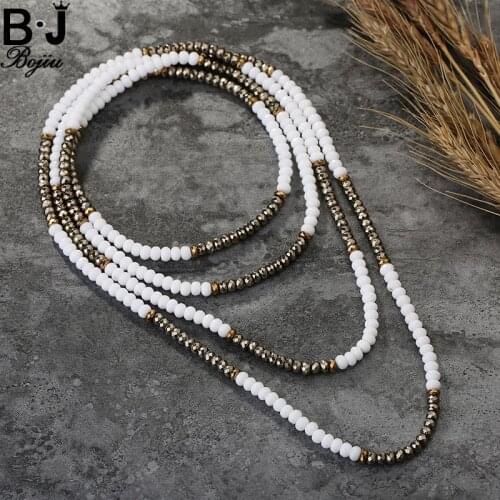 BOJIU Long Necklace Natural Stone Black White Bohemia Women Necklaces 175cm New Fashion Copper Beaded Necklaces For Women NKS034